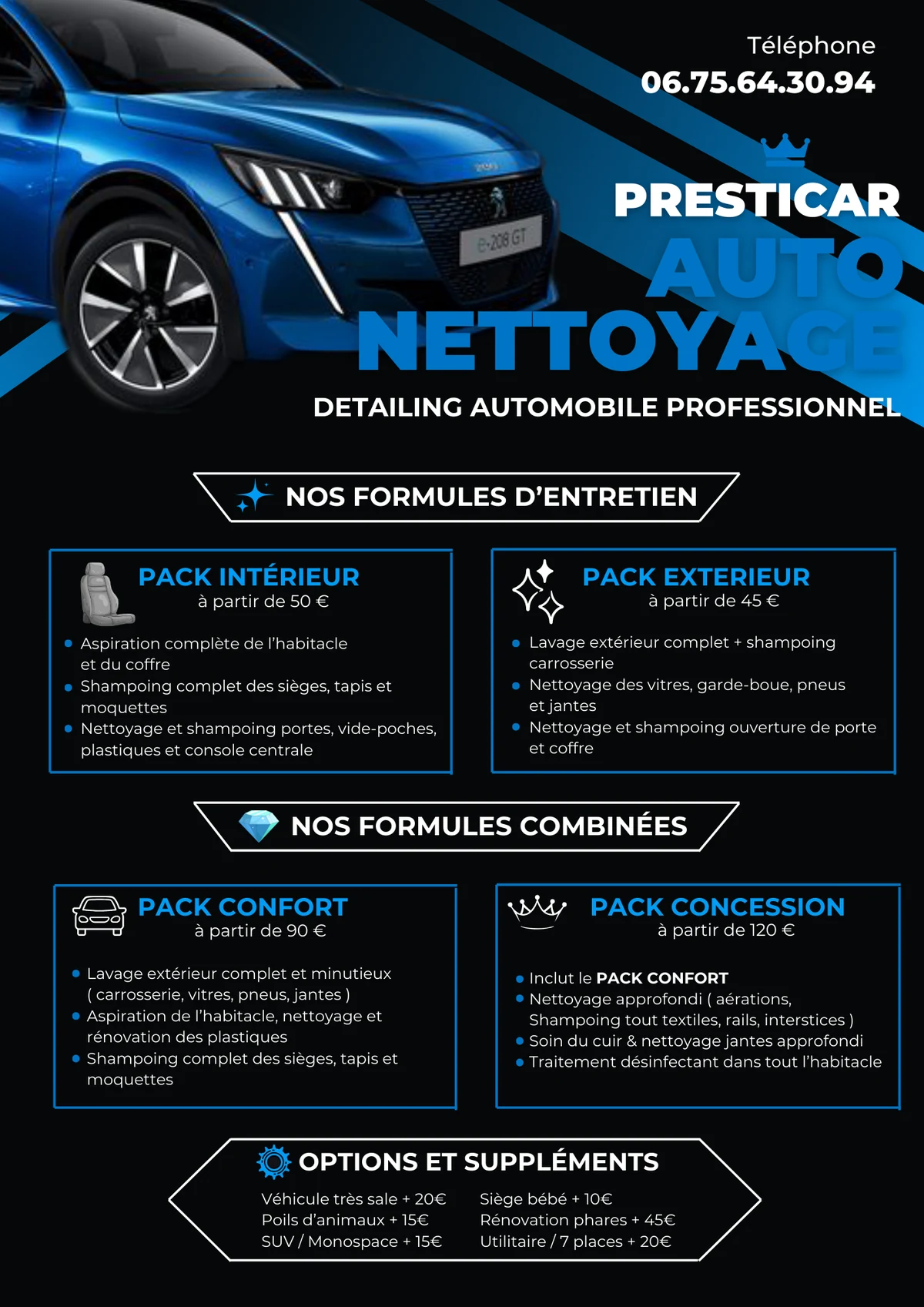 Flyer tarifs Presticar — Pack Intérieur 50€, Pack Extérieur 45€, Pack Confort 90€, Pack Concession 120€