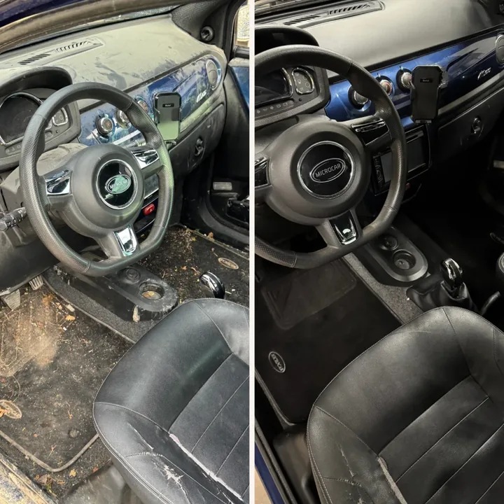 Avant après nettoyage intérieur Microcar par Presticar : tableau de bord et sièges restaurés