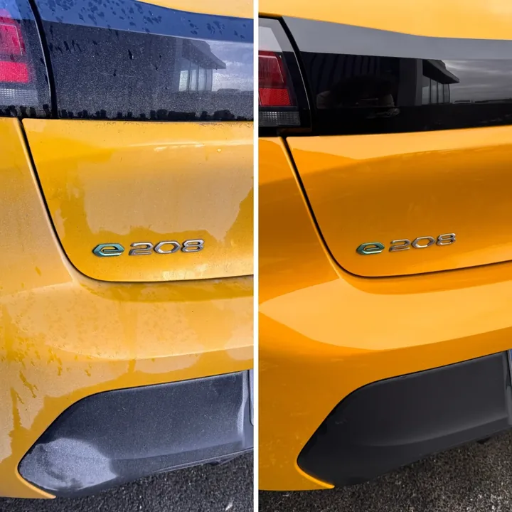Avant après lustrage carrosserie Peugeot e-208 jaune par Presticar esthétique automobile