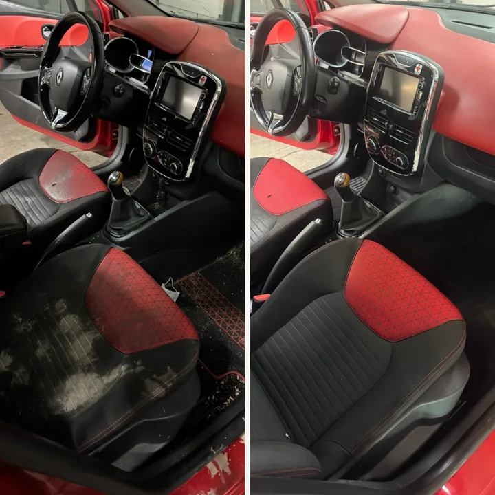 Avant après nettoyage intérieur Renault Clio rouge par Presticar : sièges et tapis rénovés